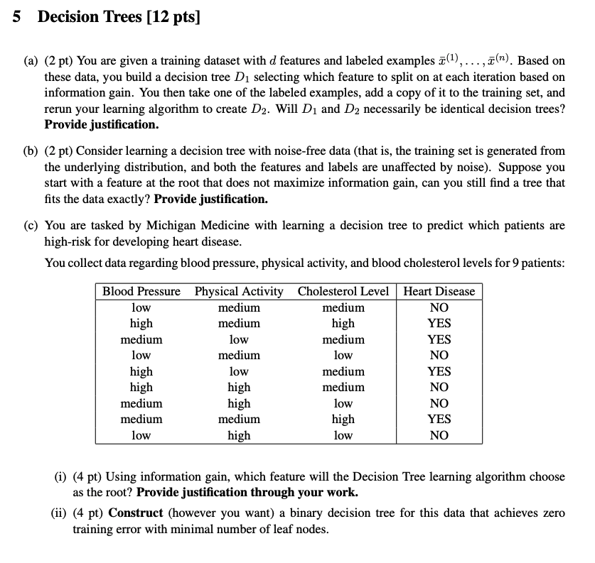 Solved 5 Decision Trees (12 pts] (a) (2 pt) You are given a | Chegg.com