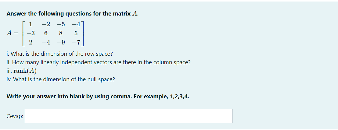Solved Answer the following questions for the matrix A. | Chegg.com