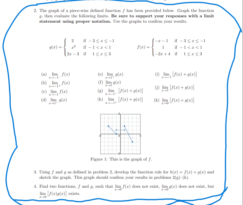 2. The graph of a piece-wise defined function \( f \) has been provided below. Graph the function \( g \), then evaluate the 
