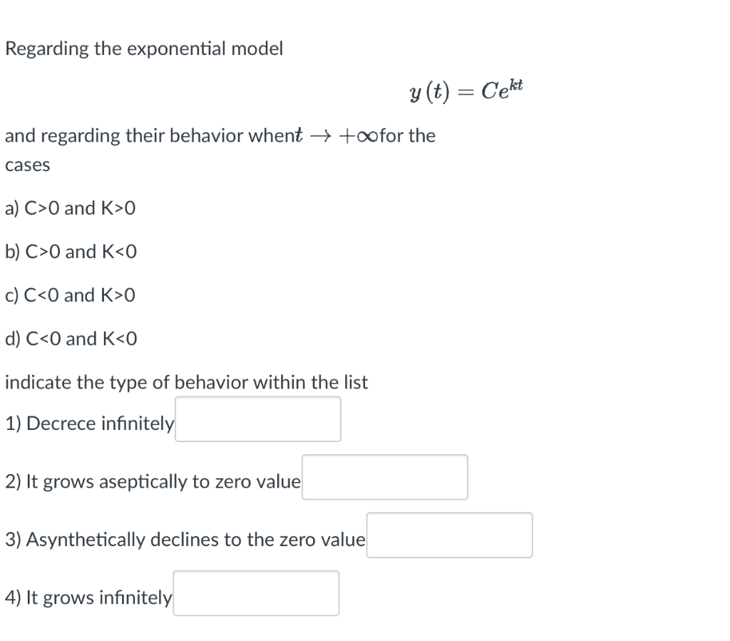 Solved Regarding the exponential model y(t)=Cekt and | Chegg.com