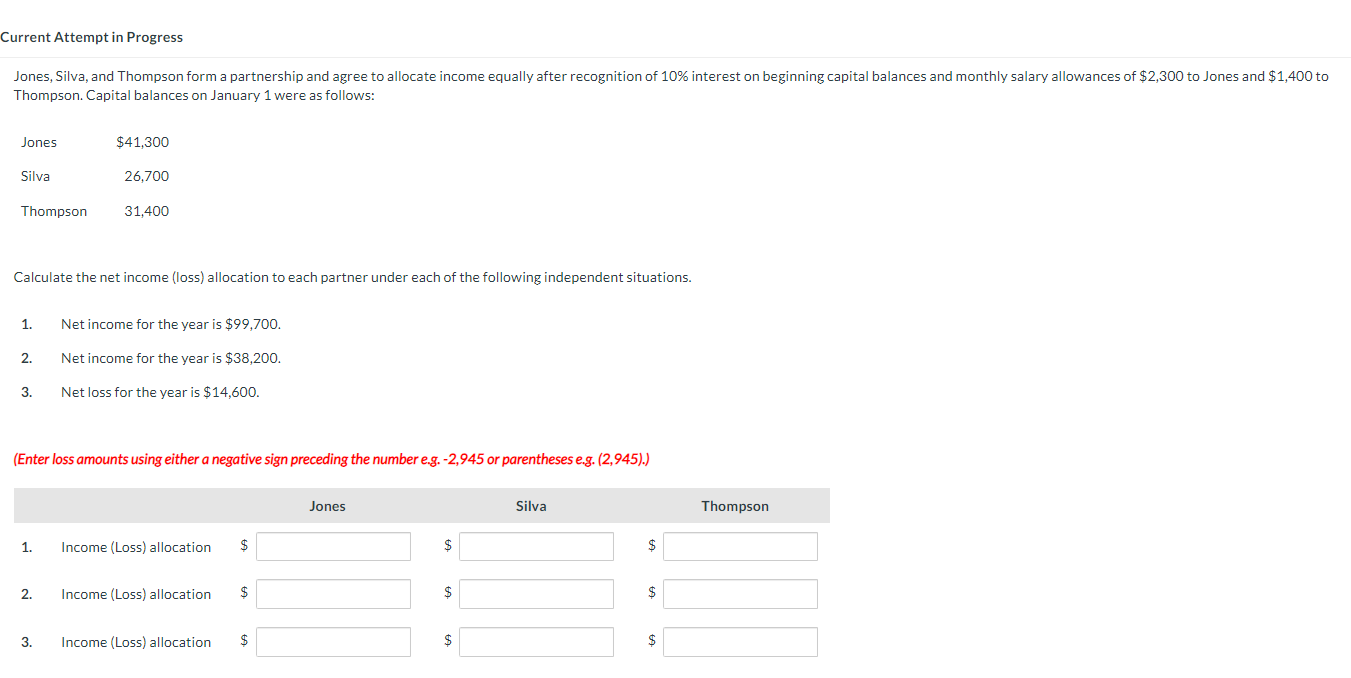 Solved Calculate the net income (loss) allocation to each | Chegg.com