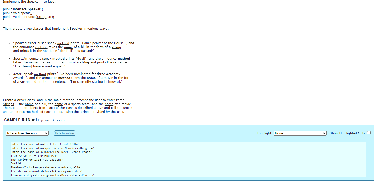 Solved public interface Speaker \{ public void speak(); | Chegg.com