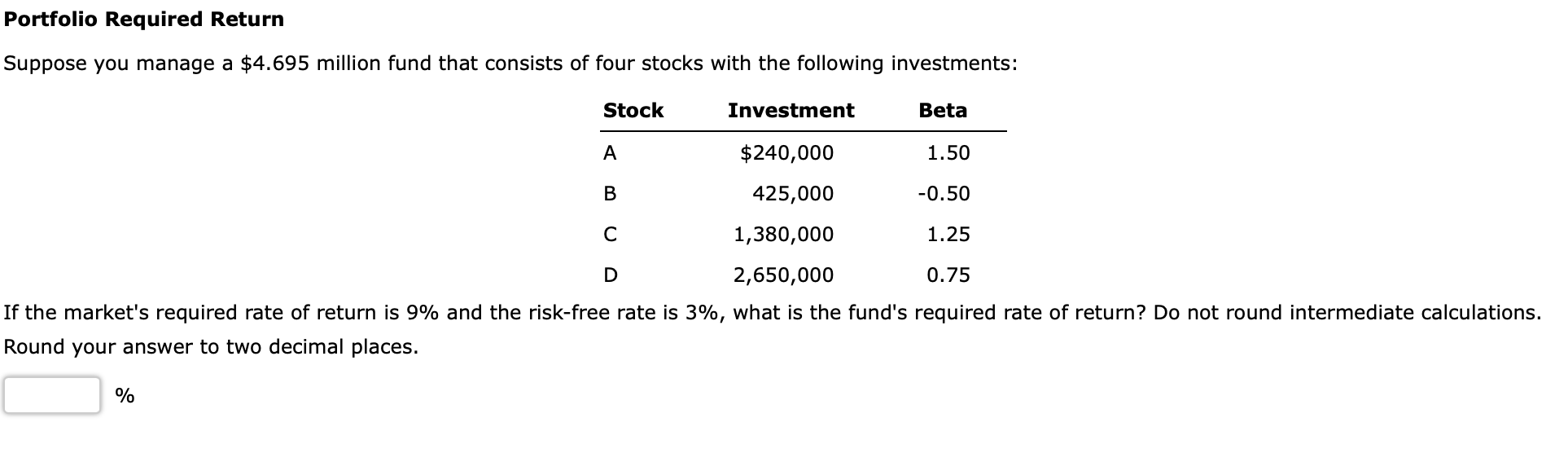 Solved Portfolio Required Return Suppose you manage a $4.695 | Chegg.com