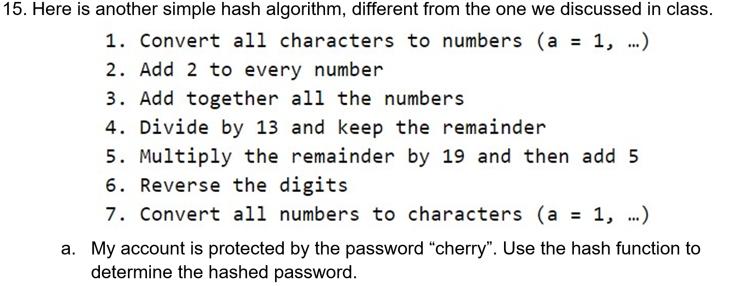 Solved 15. Here is another simple hash algorithm, different | Chegg.com