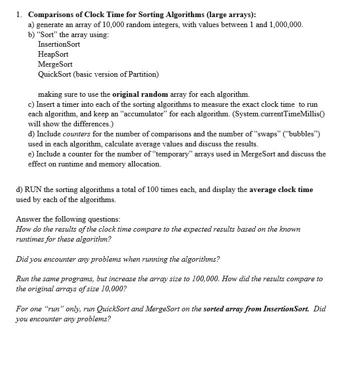 Solved 1. Comparisons of Clock Time for Sorting Algorithms | Chegg.com