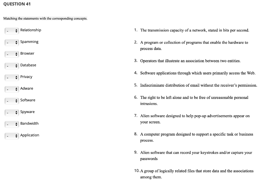 Solved QUESTION 41 Matching the statements with the | Chegg.com