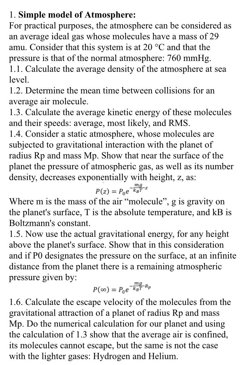 Solved 1. Simple model of Atmosphere: For practical | Chegg.com