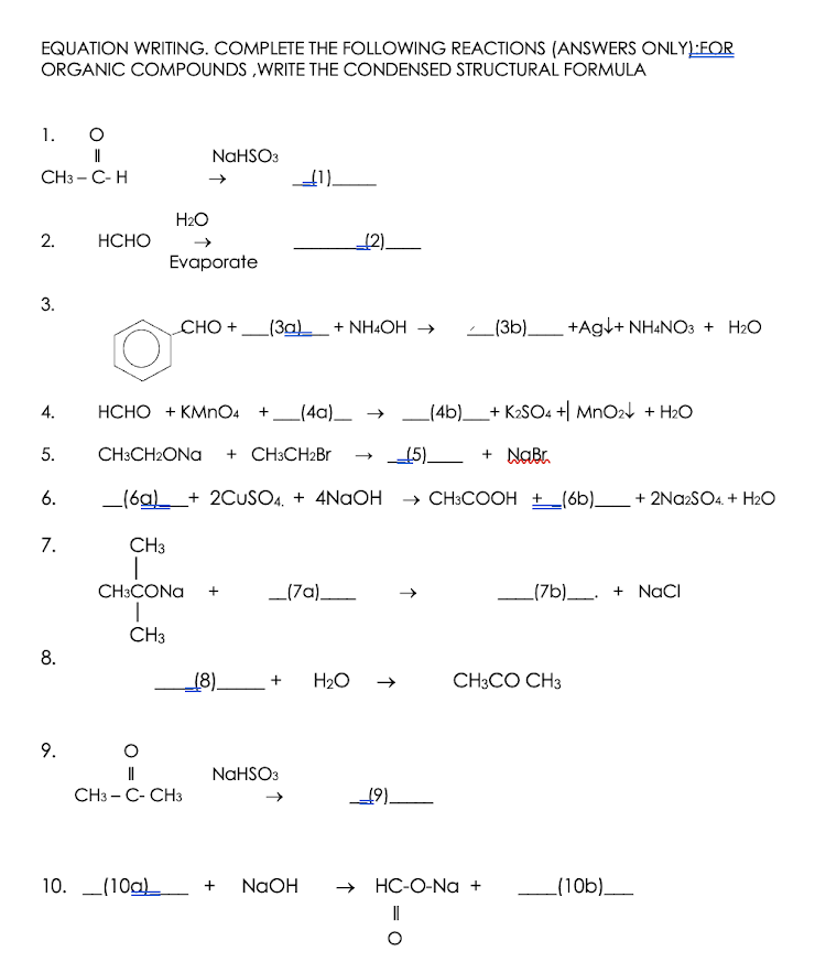 Solved EQUATION WRITING. COMPLETE THE FOLLOWING REACTIONS | Chegg.com