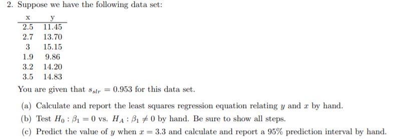 Solved х 2. Suppose We Have The Following Data Set: Y 2.5 | Chegg.com