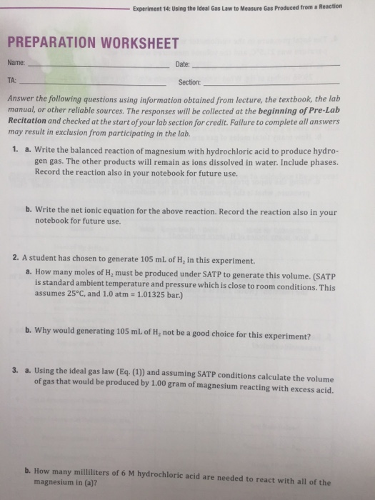 Solved Experiment 14 Using the Ideal Gas Law to Measure Gas