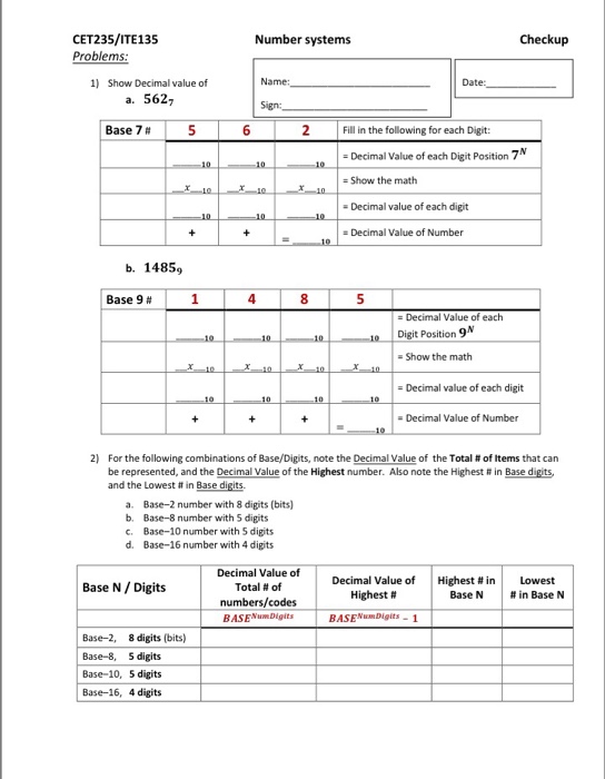 Solved CET235/ITE135 Problems: Number systems Checkup 1) | Chegg.com