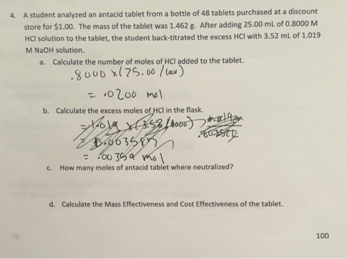 Solved A student analyzed an antacid tablet from a bottle of | Chegg.com