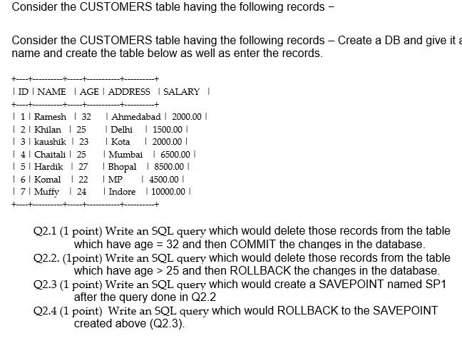 Solved Consider the CUSTOMERS table having the following | Chegg.com