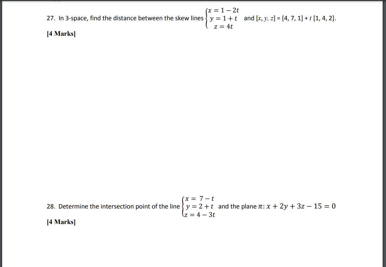 Solved (x = 1-2t 27. In 3-space, find the distance between | Chegg.com