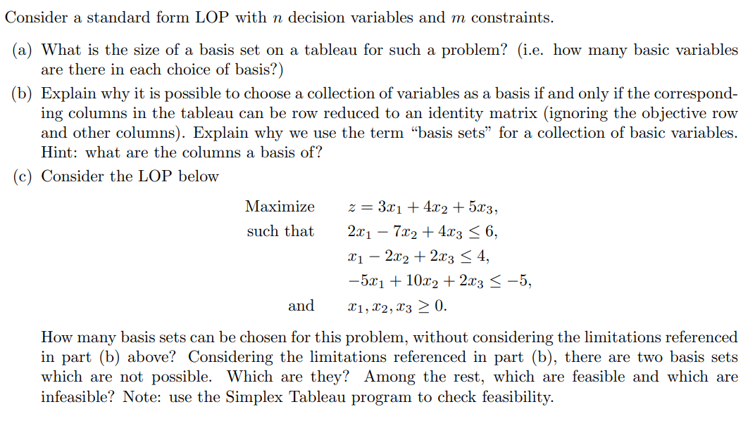 Lop Example Form Solved Consider a standard form LOP with n decision | Chegg.com