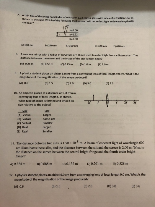 Solved 7. A thin film of thickness t and index of refraction | Chegg.com