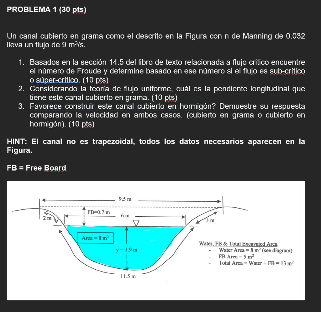 PROBLEMA 1 (30 pts) Un canal cubierto en grama como el descrito en la Figura con n de Manning de 0.032 lleva un flujo de 9 m³