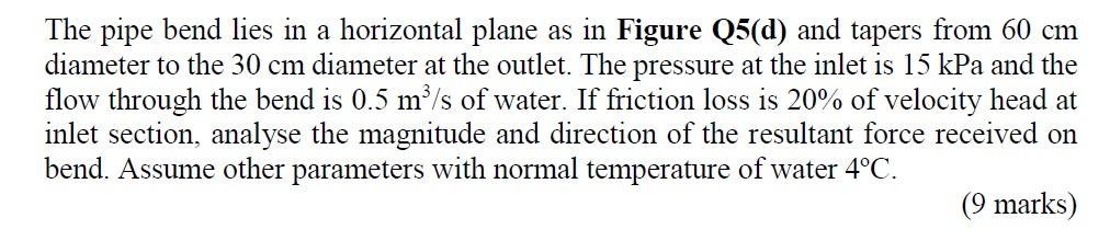 Solved The pipe bend lies in a horizontal plane as in Figure | Chegg.com