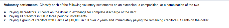 Solved a Voluntary settlements Classify each of the | Chegg.com