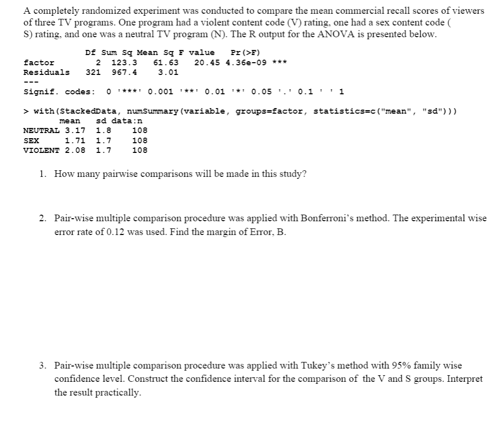 Solved A completely randomized experiment was conducted to | Chegg.com