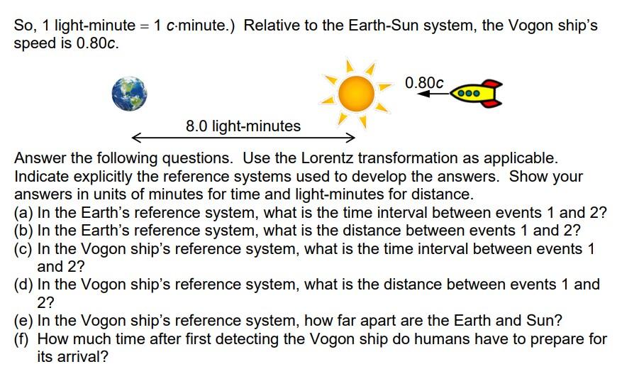 So, 1 light-minute \( =1 c \).minute.) Relative to the Earth-Sun system, the Vogon ships speed is \( 0.80 c \).
Answer the f