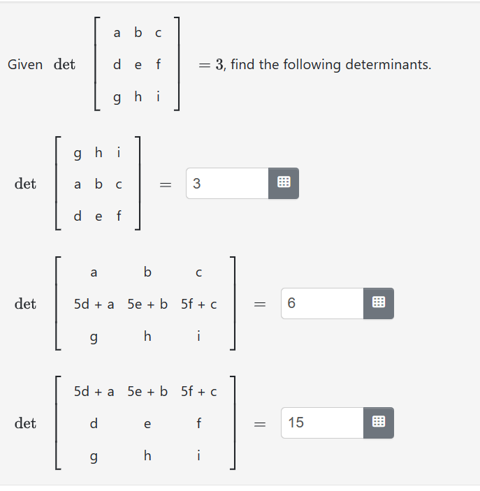 Solved Given det[abcefhi]ggd=3, ﻿find the following | Chegg.com