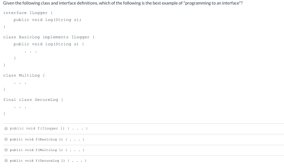 Solved Given the following class and interface definitions, | Chegg.com