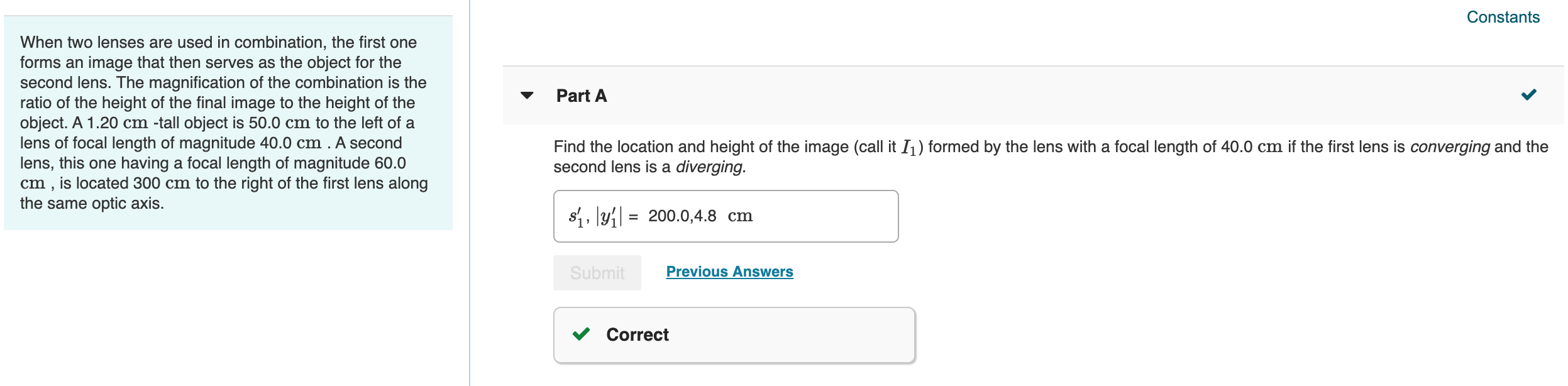 Solved Constants Part A When two lenses are used in | Chegg.com