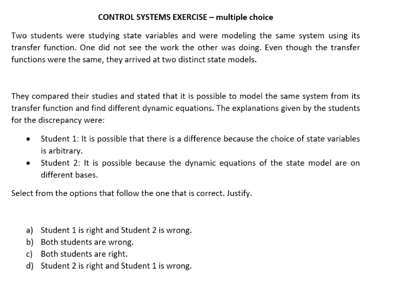 Solved CONTROL SYSTEMS EXERCISE – Multiple Choice Two | Chegg.com