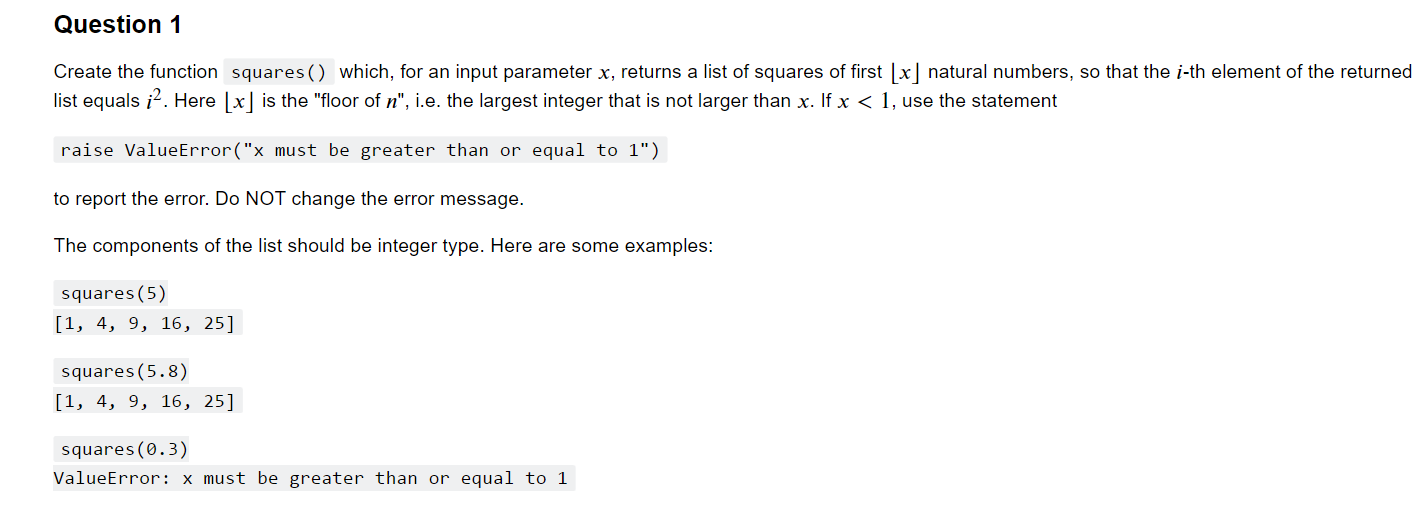 Solved Create the function squares ( ) which, for an input | Chegg.com