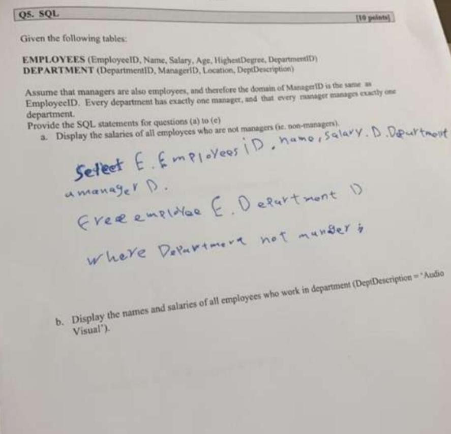 Solved QS. SQL Given the following tables: [10 points) | Chegg.com