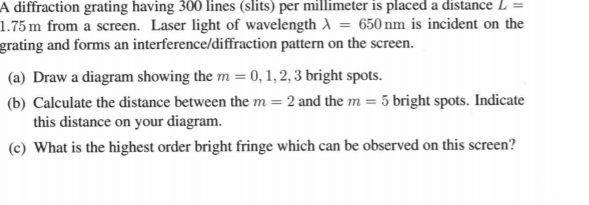 Solved A diffraction grating having 300 lines (slits) per | Chegg.com