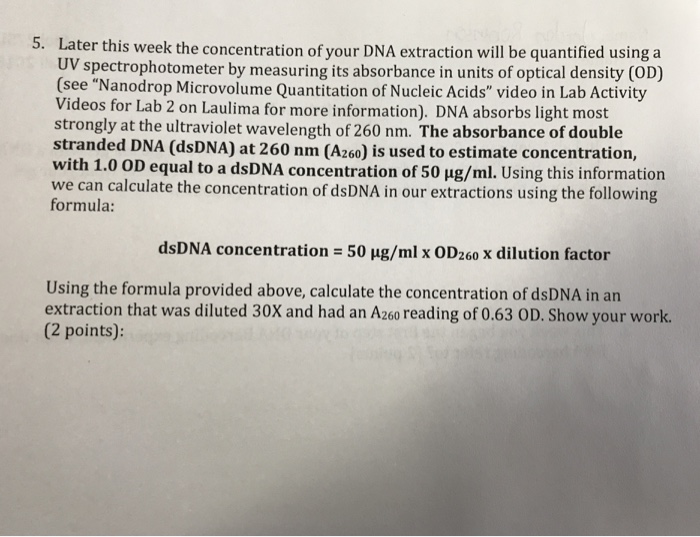 Solved Later this week the concentration of your DNA | Chegg.com