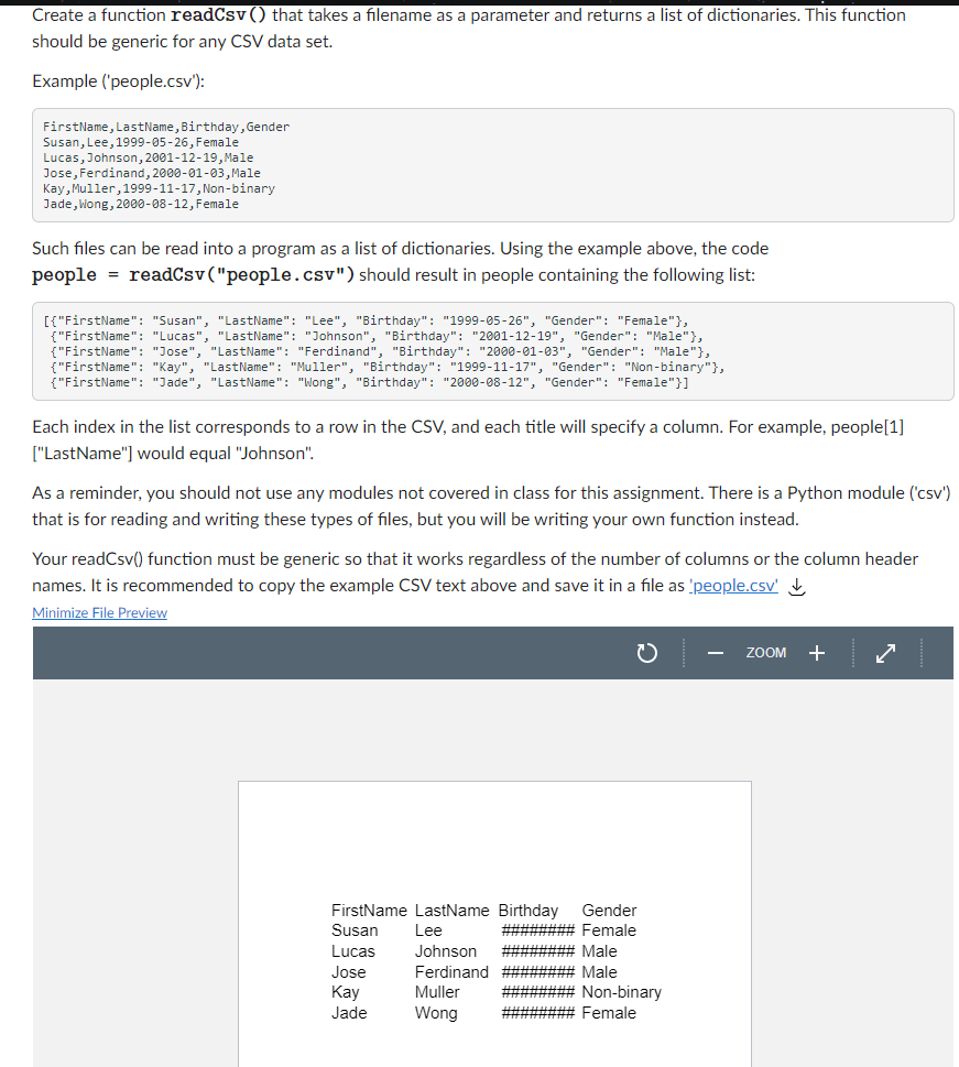 Solved Create A Function ReadCsv () That Takes A Filename As | Chegg.com