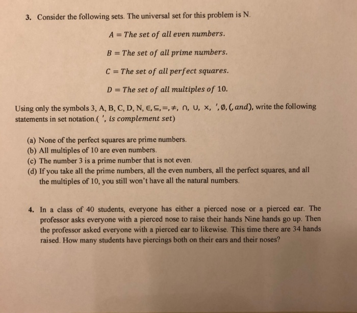 Solved 3 Consider The Following Sets The Universal Set For