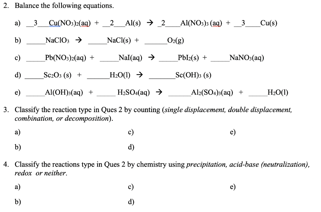 Solved 2 Balance The Following Equations A 3 Cu No3 2 Aq