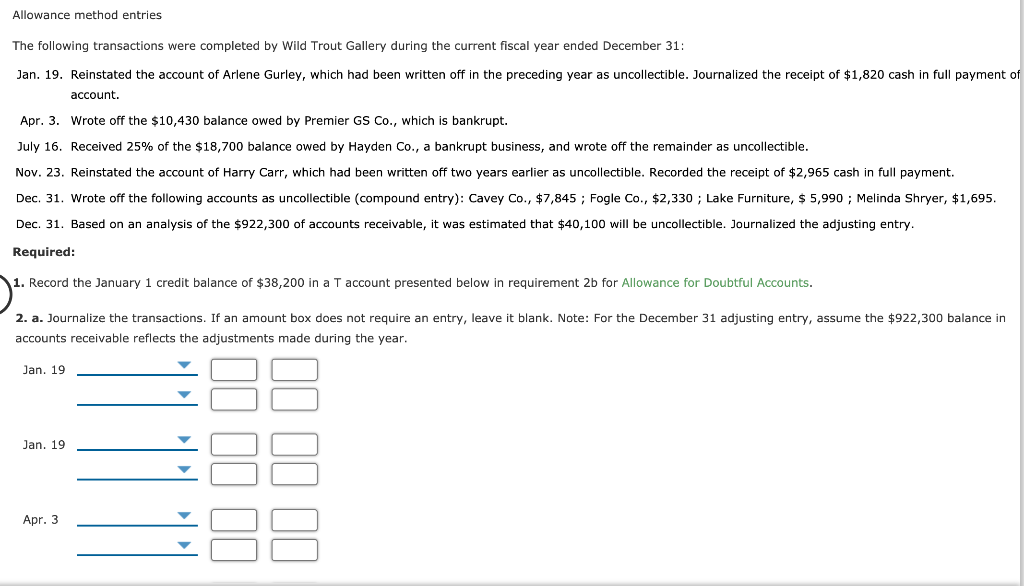 Solved Allowance method entries The following transactions | Chegg.com