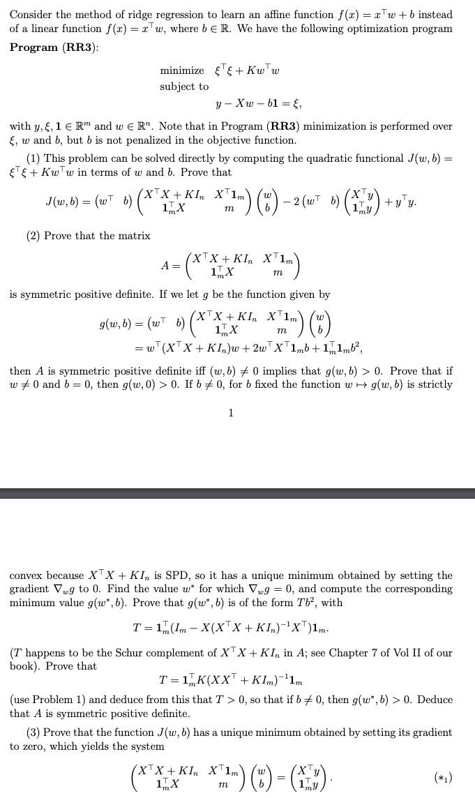 Consider the method of ridge regression to learn an | Chegg.com