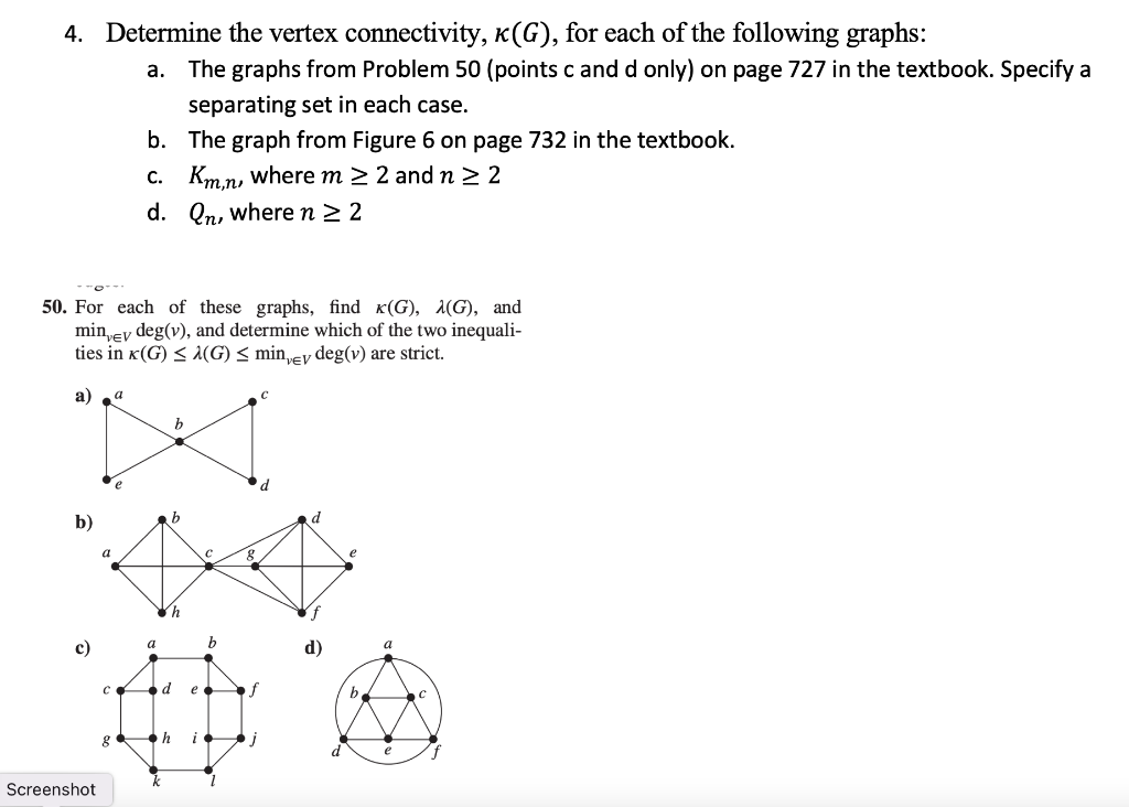 4. Determine the vertex connectivity, K(G), for each | Chegg.com