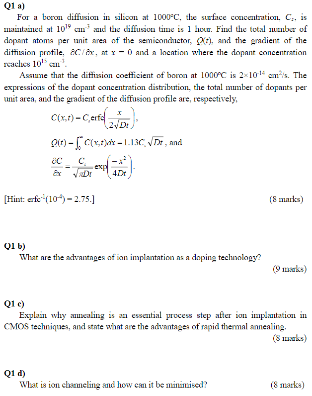 Solved Q1 a) For a boron diffusion in silicon at 1000°C, the | Chegg.com