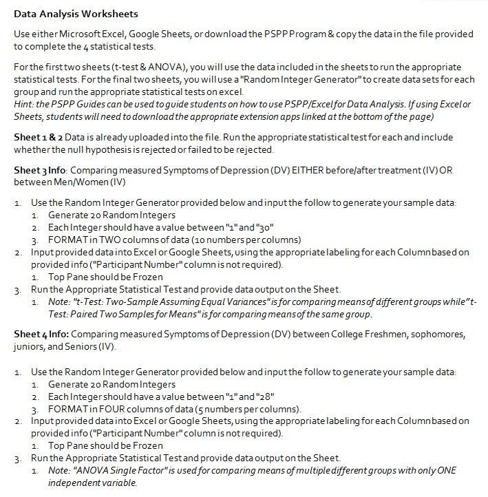 Solved Data Analysis Worksheets Use either Microsoft Excel, | Chegg.com