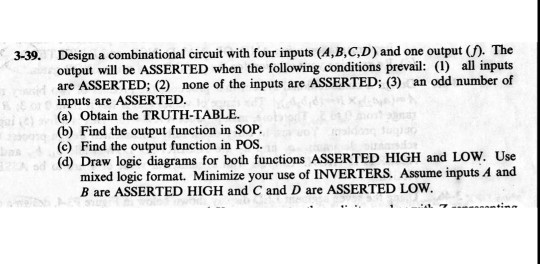 Solved 3-39. Design a combinational circuit with four inputs | Chegg.com