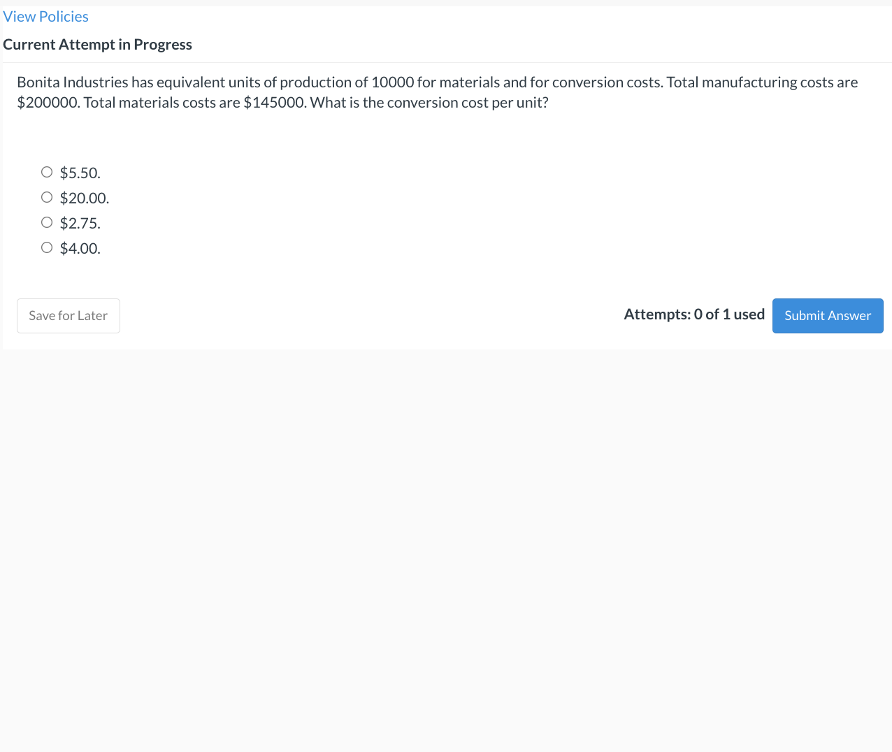 Solved View Policies Current Attempt in Progress Bonita | Chegg.com