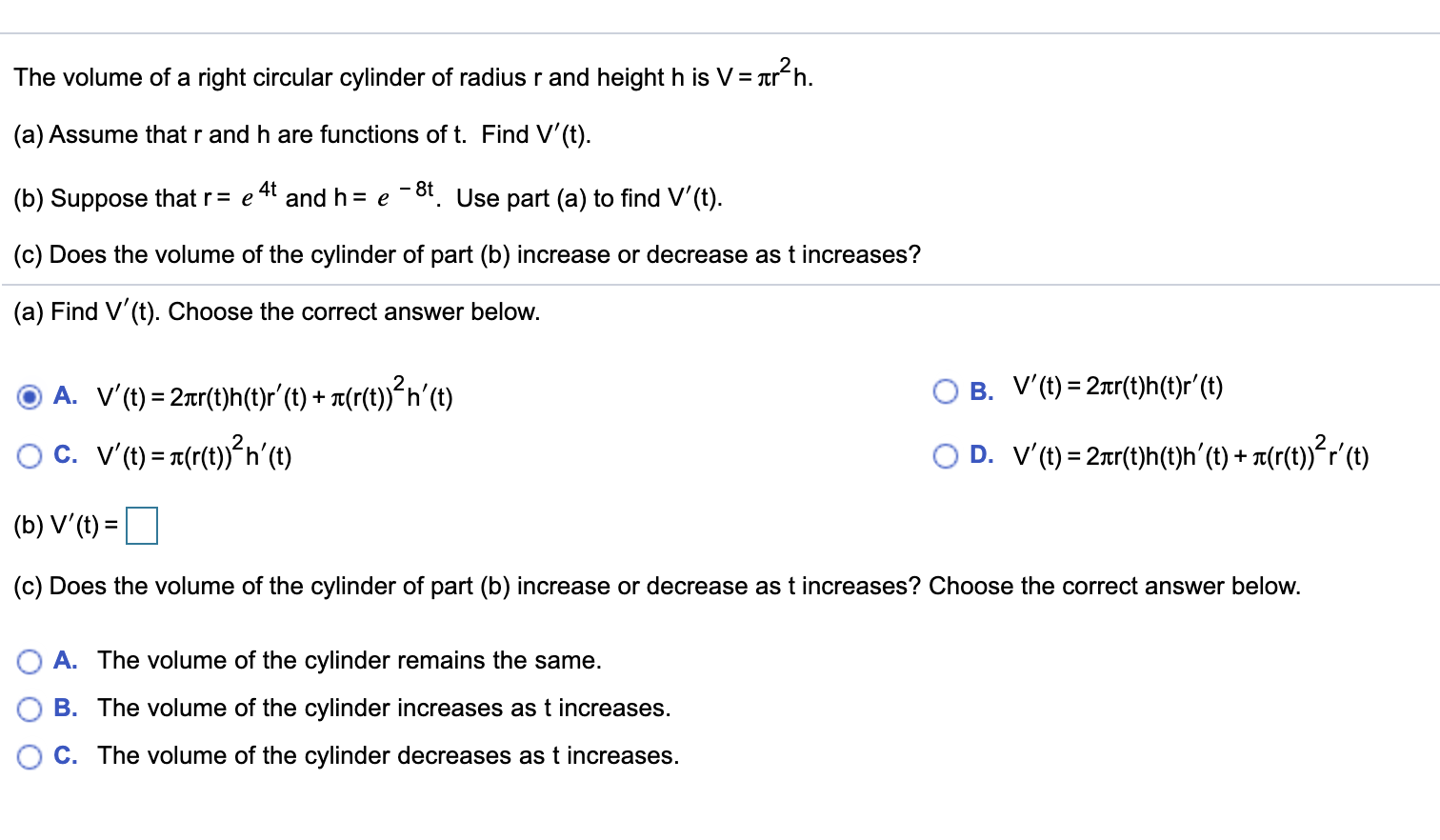 Solved The Volume Of A Right Circular Cylinder Of Radius Chegg Com