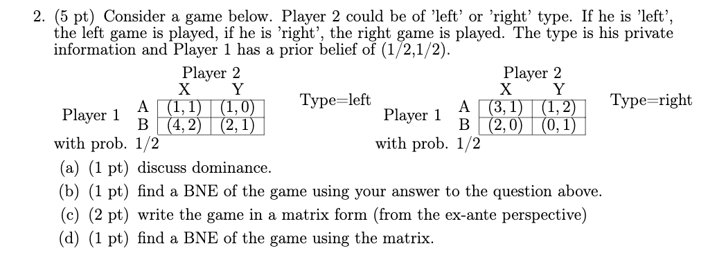 Solved 2. (5 pt) Consider a game below. Player 2 could be of | Chegg.com