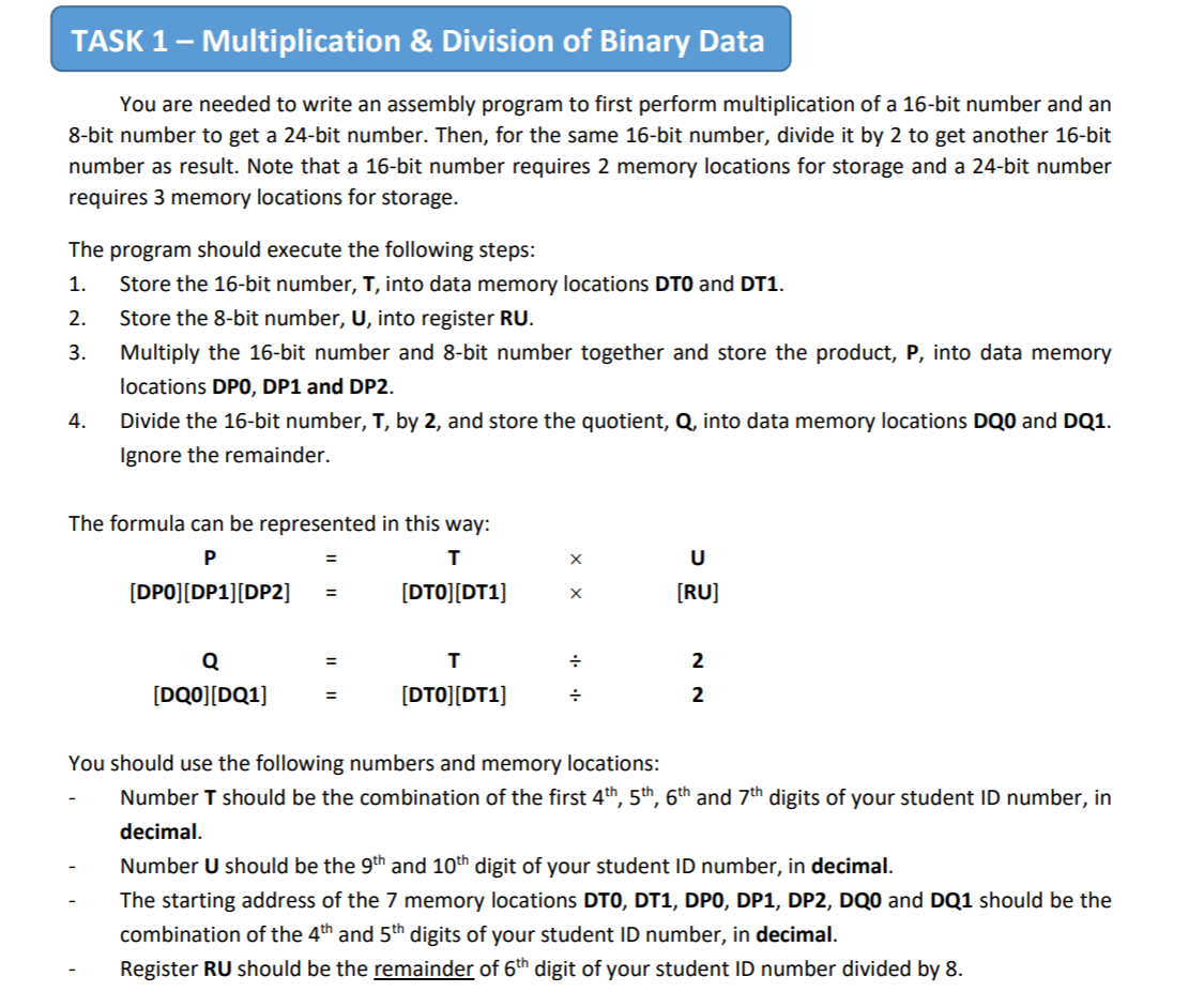 TASK 1 - Multiplication & Division of Binary Data You | Chegg.com