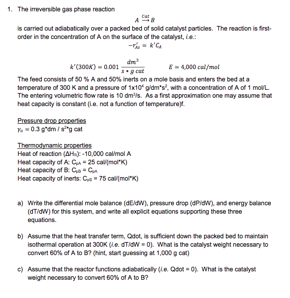 Solved 1. The Irreversible Gas Phase Reaction Cat A - B Is | Chegg.com