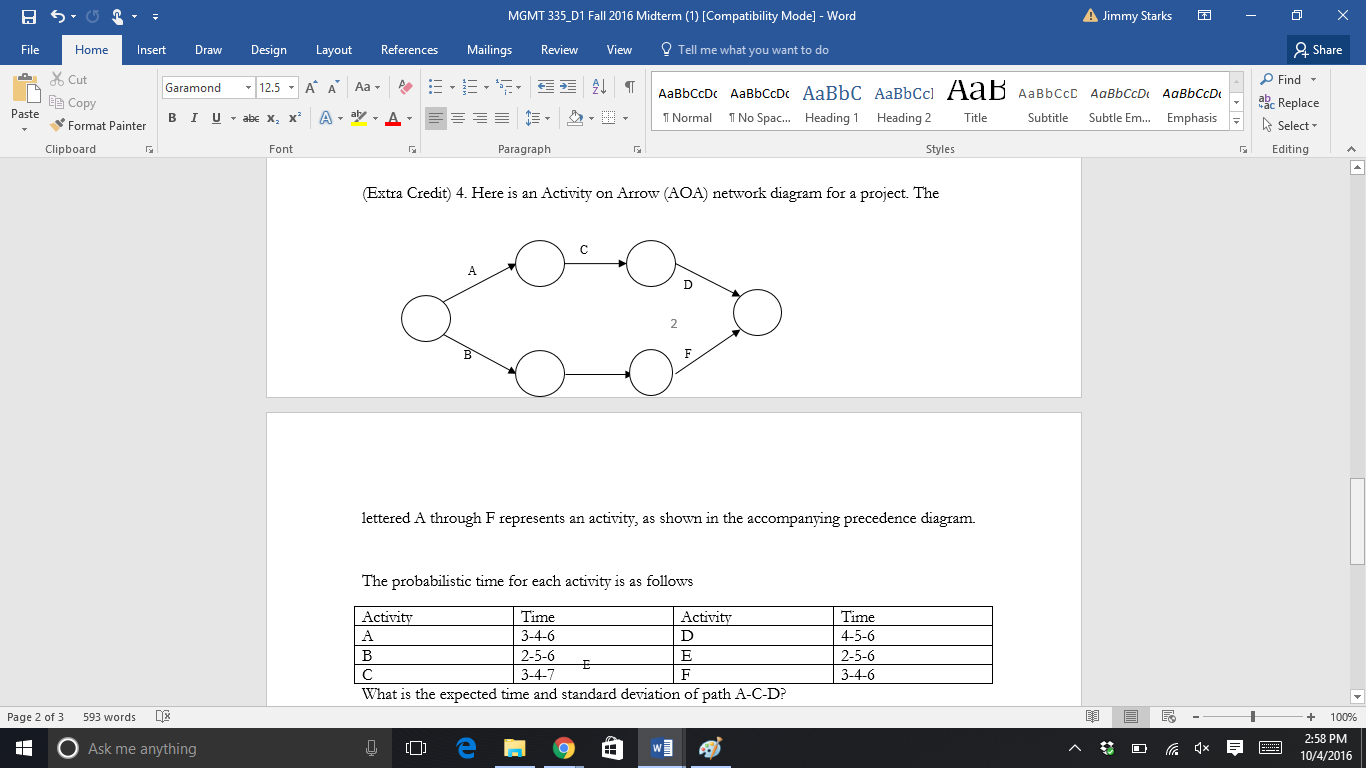 Solved Here is an activity on arrow (AOA) network diagram | Chegg.com