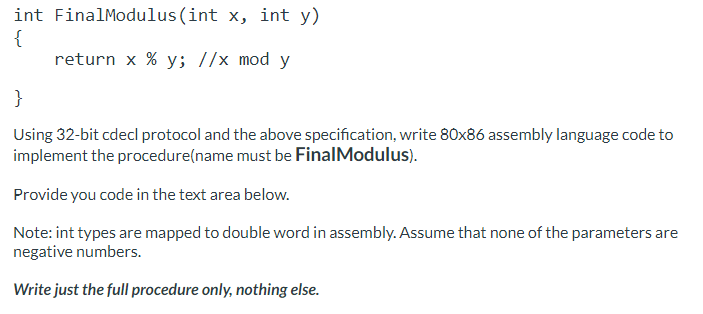 Solved int FinalModulus (int x, int y ) \{ return | Chegg.com