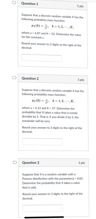 Solved D Question 1 1 pts Suppose that a discrete random | Chegg.com